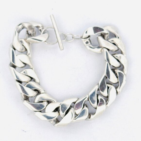 Estate Vintage 875 Silver Heavy 15.8mm Curb Chain Bracelet 71.7g 7” Toggle Clasp - Picture 1 of 10